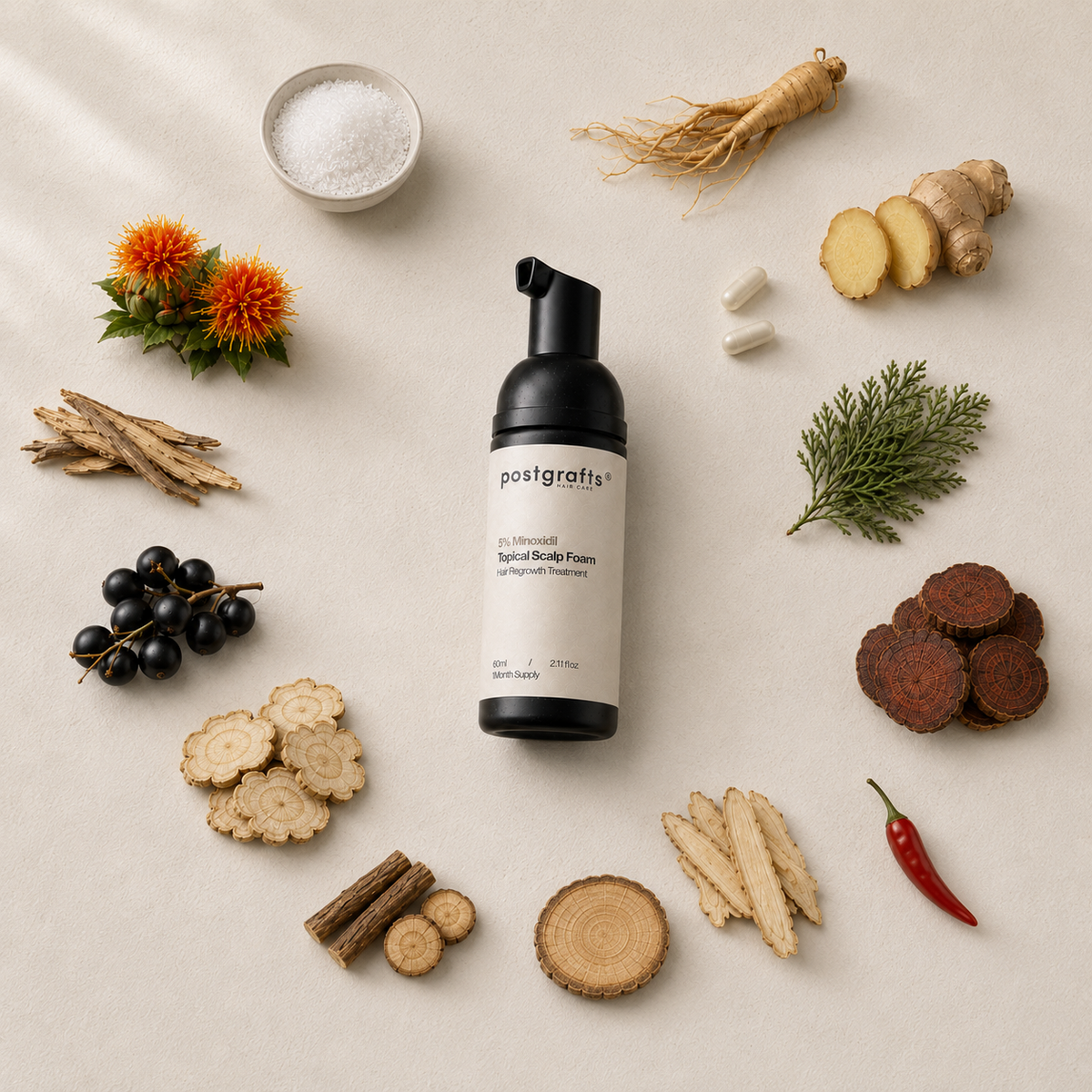 The foam surrounded by its botanical ingredients